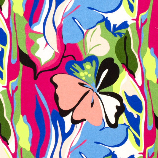 Mönstrad Viskos - Twill - Abstrakt, Blommor - Flerfärgad, Blå