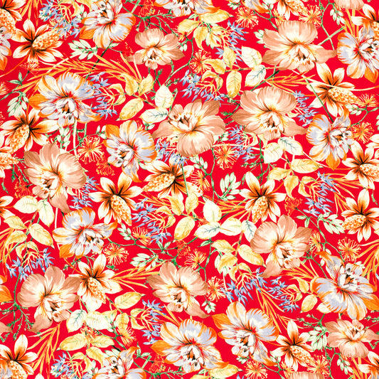 Mönstrad Viskos - Crepe - Blommor - Coral, Röd