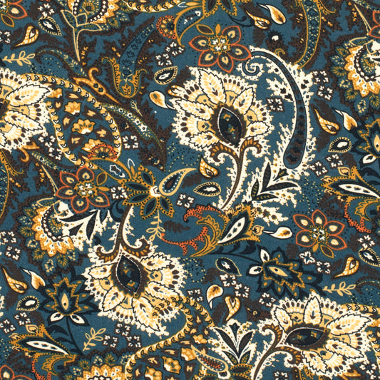 Mönstrad Viskosjersey - Viskos - Blommor, Paisley - Steel Blue