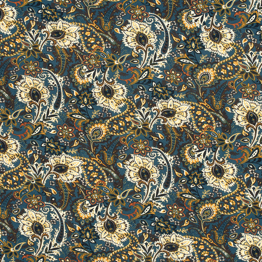 Mönstrad Viskosjersey - Viskos - Blommor, Paisley - Steel Blue