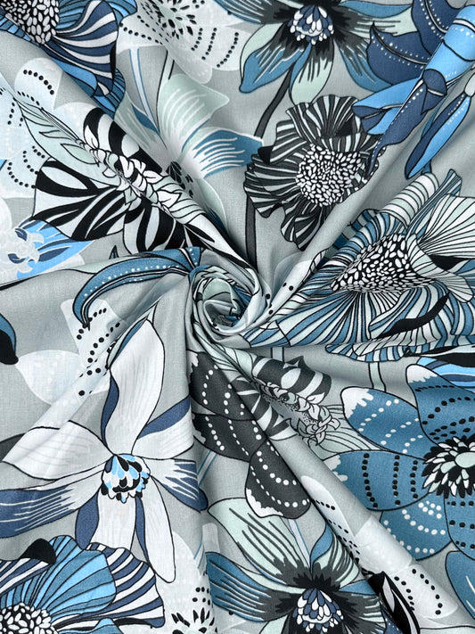 Gardintyg med Grafisk Blomsterdesign - Dubbel bredd, 280 cm - Bomull - Blå